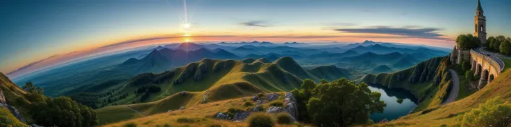 (masterpiece, best quality, detailed:1.5), exceptionally beautiful panoramic landscape with blue and green theme, ivory tower at center with glowing blue eye of sauron at top of tower, twilight, dynamic lighting