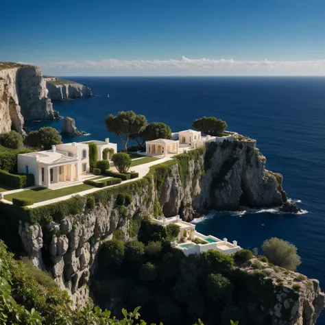 Grecian villas, draped in ivy, perched atop island cliffs.