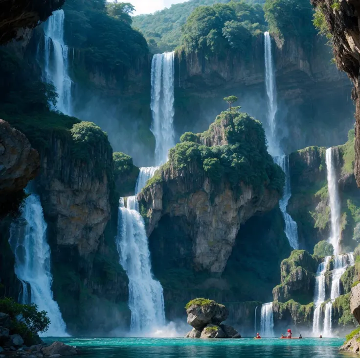 Floating islands and gravity-defying waterfalls, akin to a fantasy anime setting.