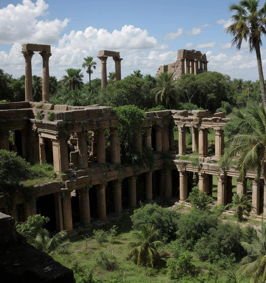 The ruins of an ancient city, overtaken by the encroaching jungle.