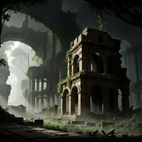 The ruins of an ancient city, overtaken by the encroaching jungle.