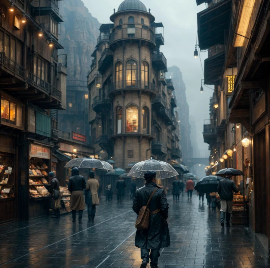 ((masterpiece)),((best quality)),((high detial)),((realistic,))
Industrial age city, deep canyons in the middle, architectural streets, bazaars, Bridges, rainy days, steampunk, European architecture