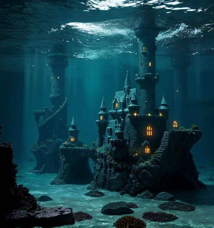 Deep-sea city with castle rock lights submerged ruins, channeling underwater fantasy