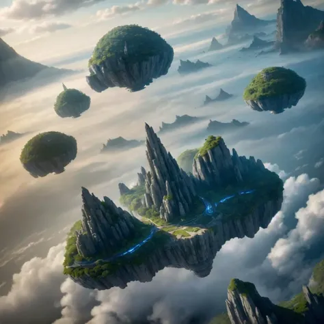 Many islands are suspended in the air with many small airships flying around, cities, fantasy, magical plants growing, extreme details, realistic light, epic composition, (complex details), (complex design, ultra-details :1.2), Art Station, (Masterpiece, Best Quality), Ultra HD, 32k