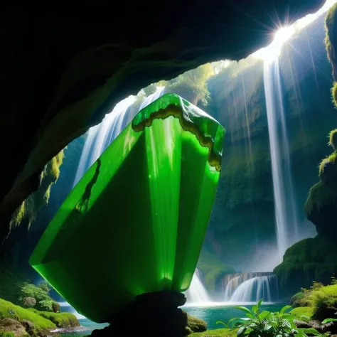 (masterpiece, best quality, detailed:1.5), no humans, (green theme:1.2), large (gemstone:1.3) of exquisite beauty, under waterfall in dark cavern, backlighting, sharp focus, depth of field