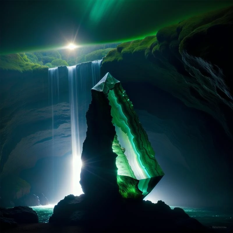(masterpiece, best quality, detailed:1.5), (darkgreen theme:1.2), focus on large (gemstone:1.3), under waterfall in dark cavern, backlighting, depth of field