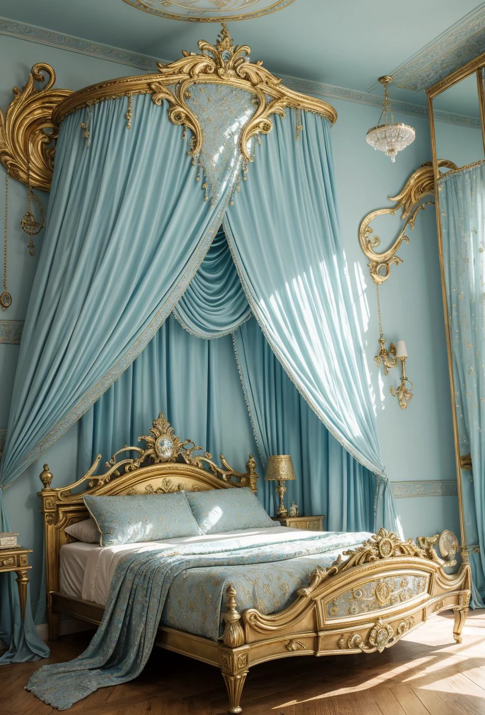 bedroom gold, diamond, details, detailed scene, blue magical light, masterpiece, 3D, sculptural, textured, vibrant, fun, distressed, vintage, edgy, textured vibe, dirty, noisy, ornate Art Nouveau