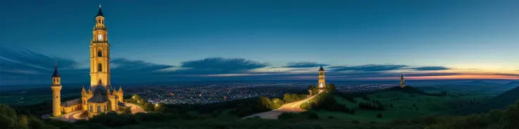 (masterpiece, best quality, detailed:1.5), exceptionally beautiful panoramic landscape with blue and green theme, ivory tower at focus with glowing blue eye at top of tower, twilight, dynamic lighting, (blue moon:0.8)