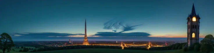 (masterpiece, best quality, detailed:1.5), exceptionally beautiful panoramic landscape with blue and green theme, ivory tower at focus with glowing blue (eye of sauron:1.2) at top of tower, twilight, dynamic lighting, (blue moon:0.8)