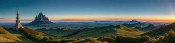 (masterpiece, best quality, detailed:1.5), exceptionally beautiful panoramic landscape with blue and green theme, ivory tower at center with glowing blue eye of sauron at top of tower, twilight, dynamic lighting