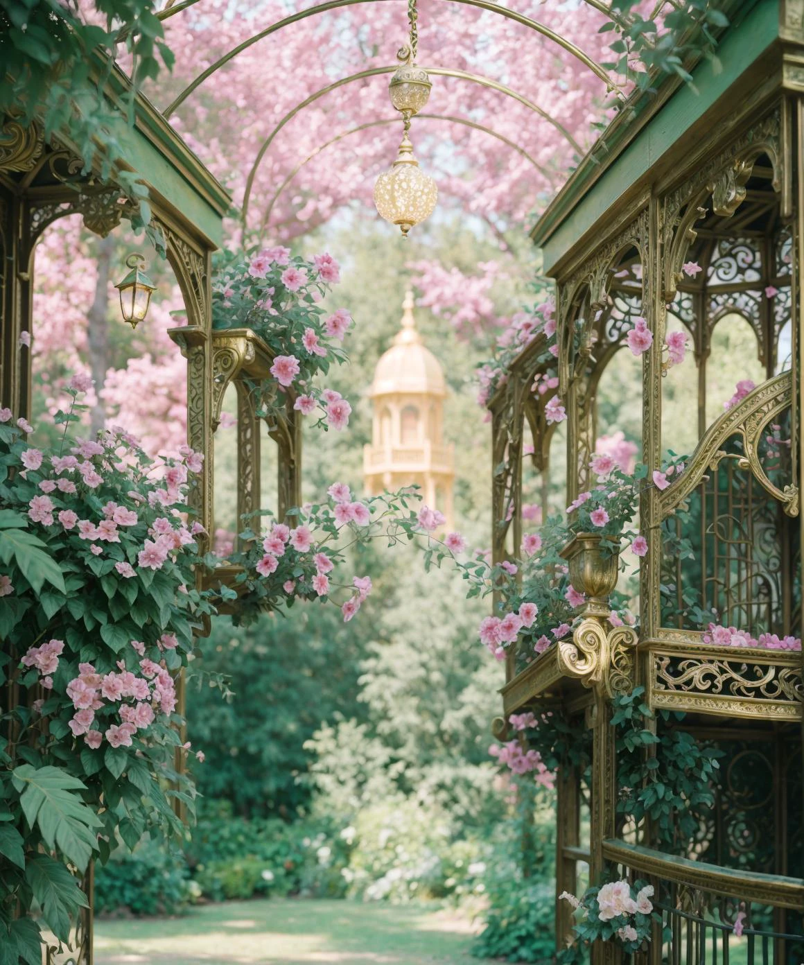 gazebo garden gold, diamond, sun, details, detailed scene,pink ornate gold magical light, masterpiece, 3D, sculptural, textured, vibrant, fun, distressed, vintage, edgy, textured vibe, dirty, noisy, ornate Art Nouveau