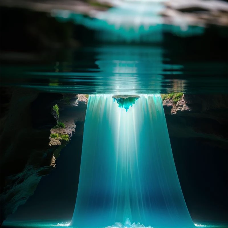 (masterpiece, best quality, detailed:1.5), no humans, (cyan theme:1.2), large (gemstone:1.3) of exquisite beauty, under waterfall in dark cavern, backlighting, sharp focus, depth of field