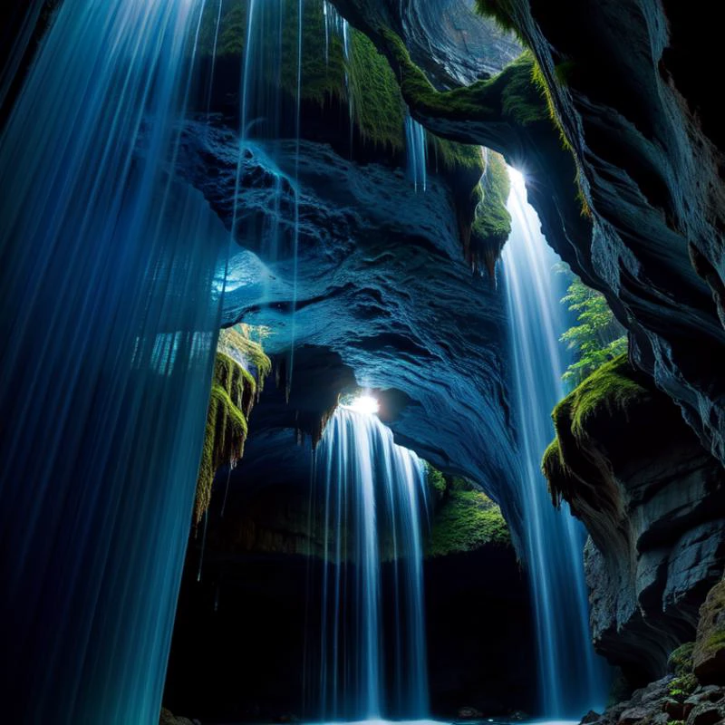 (masterpiece, best quality, detailed:1.5), blue theme, darkblue gemstone in waterfall in dark cavern, backlighting
