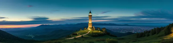 (masterpiece, best quality, detailed:1.5), exceptionally beautiful panoramic landscape with blue and green theme, ivory tower at focus with glowing blue eye at top of tower, twilight, dynamic lighting, (blue moon:0.8)