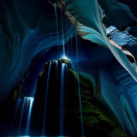 (masterpiece, best quality, detailed:1.5), blue theme, darkblue gemstone in waterfall in dark cavern, backlighting