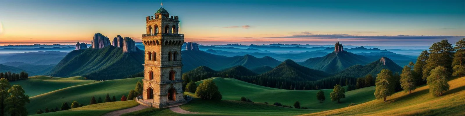 (masterpiece, best quality, detailed:1.5), exceptionally beautiful panoramic landscape with blue and green theme, ivory tower at focus with glowing blue eye at top of tower, twilight, dynamic lighting, (blue moon:0.8)