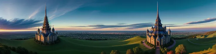 (masterpiece, best quality, detailed:1.5), exceptionally beautiful panoramic landscape with blue and green theme, ivory tower at focus with glowing blue (eye of sauron:1.2) at top of tower, twilight, dynamic lighting