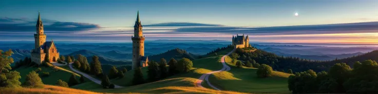(masterpiece, best quality, detailed:1.5), exceptionally beautiful panoramic landscape with blue and green theme, ivory tower at focus with glowing blue eye at top of tower, twilight, dynamic lighting, (blue moon:0.8)