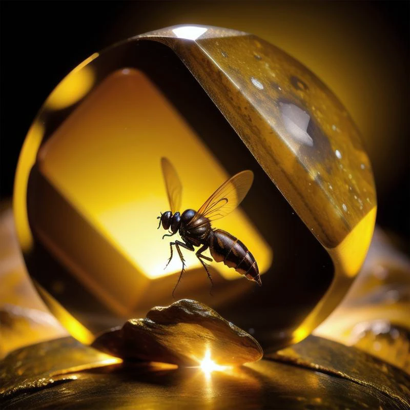 (masterpiece, best quality, detailed:1.5), no humans, (gold theme:1.2), large (gemstone:1.3) contains fossilized insect, under waterfall in dark cavern, backlighting, sharp focus, depth of field