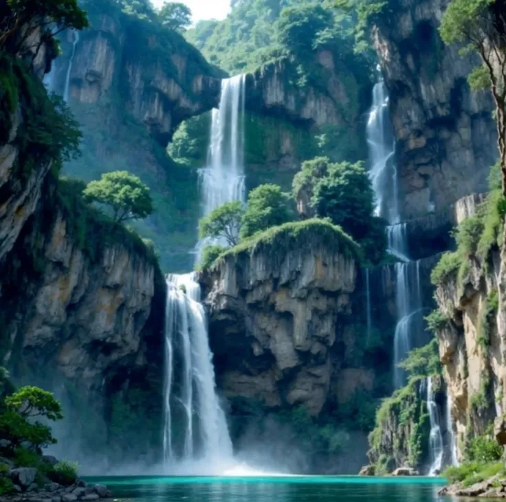 Floating islands and gravity-defying waterfalls, akin to a fantasy anime setting.