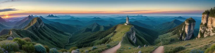 (masterpiece, best quality, detailed:1.5), exceptionally beautiful panoramic landscape with blue and green theme, ivory tower at focus with glowing blue eye at top of tower, twilight, dynamic lighting, (blue moon:0.8)
