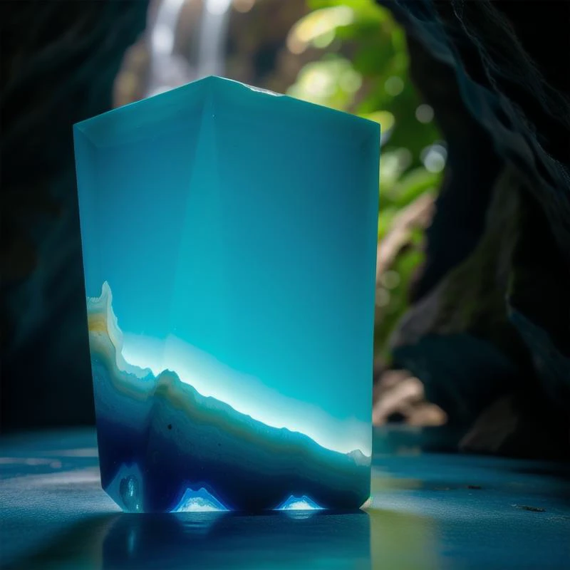 (masterpiece, best quality, detailed:1.5), no humans, (blue theme:1.2), large (gemstone:1.3) contains fossilized insect, under waterfall in dark cavern, backlighting, sharp focus, depth of field