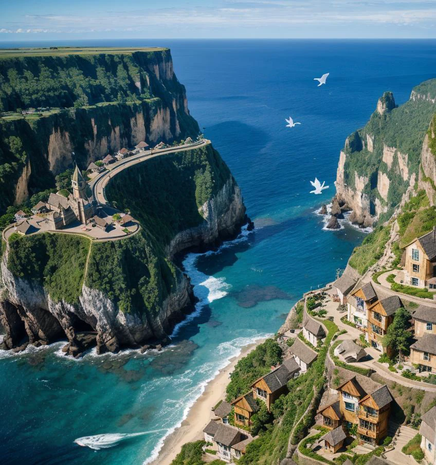 Cliffside village, aerial views of soaring dragons, channeling high-fantasy anime aesthetics.