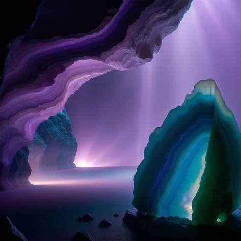 (masterpiece, best quality, detailed:1.5), (violet theme:1.2), focus on large (gemstone:1.3), under waterfall in dark cavern, backlighting, depth of field