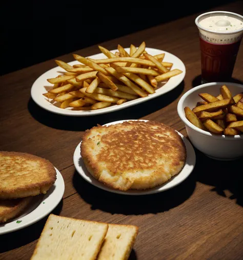 fries and milanesas ,food , intricate detail ,dark background , HD. Photograph , in table((realism)), extremely high quality RAW photograph, ultra detailed photograph, sharp focus, high resolution, (detailed skin:1,3),high quality, film grain, Fujifilm XT3,Highly Detailed, , (Cinematic Photo:1.3) of (Realistic:1.3)