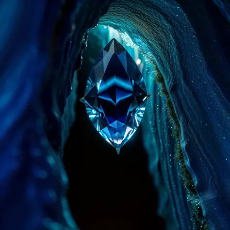 (masterpiece, best quality, detailed:1.5), blue theme, extreme close up of darkblue gemstone, under waterfall in dark cavern, backlighting