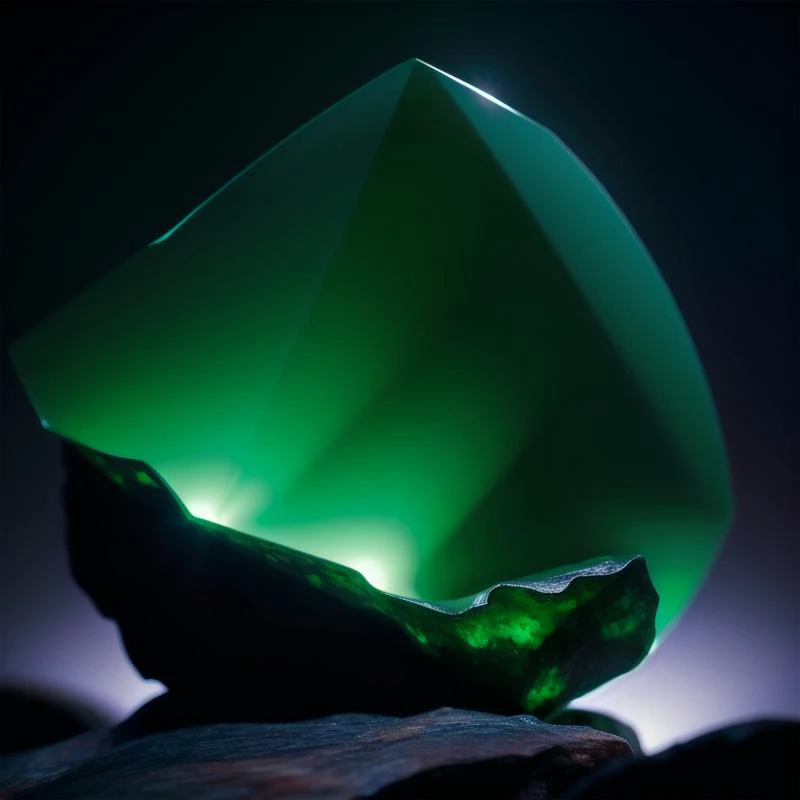 (masterpiece, best quality, detailed:1.5), no humans, (darkgreen theme:1.2), large (gemstone:1.3) contains fossilized insect, under waterfall in dark cavern, backlighting, sharp focus, depth of field