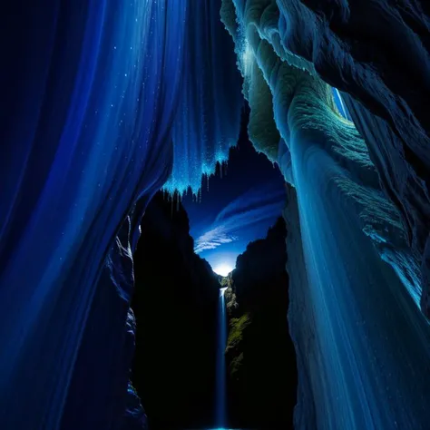 (masterpiece, best quality, detailed:1.5), blue theme, extreme close up of darkblue gemstone, under waterfall in dark cavern, backlighting