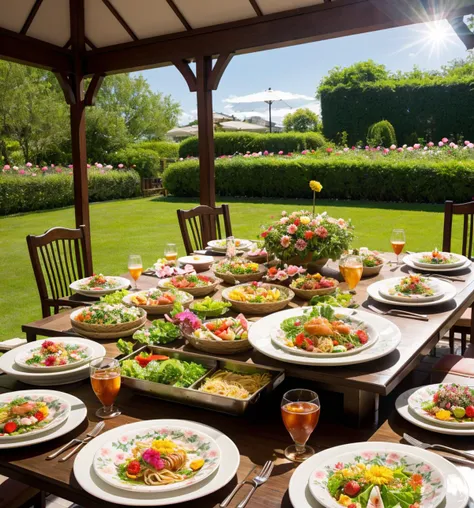 during daytimeãflowery gardenãThe table on which the dishes are placed is located in the centerãbuffetãHamburgerãpastaãsaladãsweetsãblack teaãwiningãWarm sunshineãDelicious looking mealsãLaid out on the tableãcolourfullãcute littleãLooks delicious