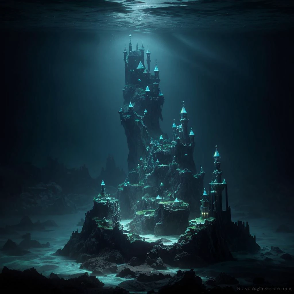 Deep-sea city with castle rock lights submerged ruins, channeling underwater fantasy