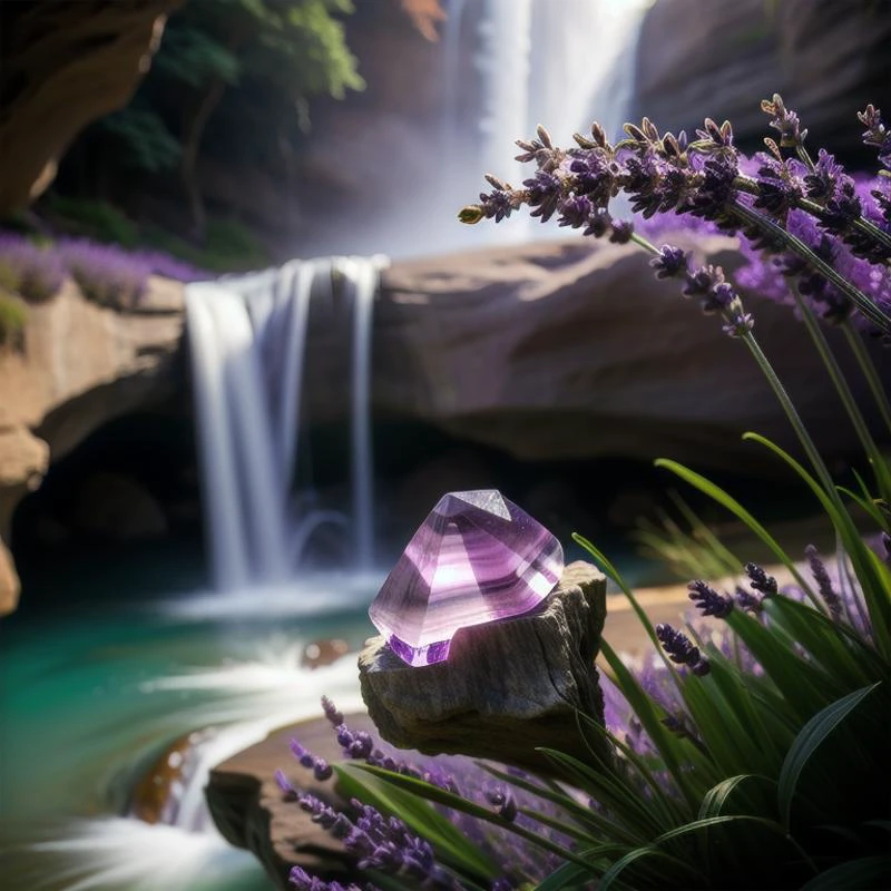 (masterpiece, best quality, detailed:1.5), (lavender theme:1.2), focus on large (gemstone:1.3), under waterfall in dark cavern, backlighting, depth of field
