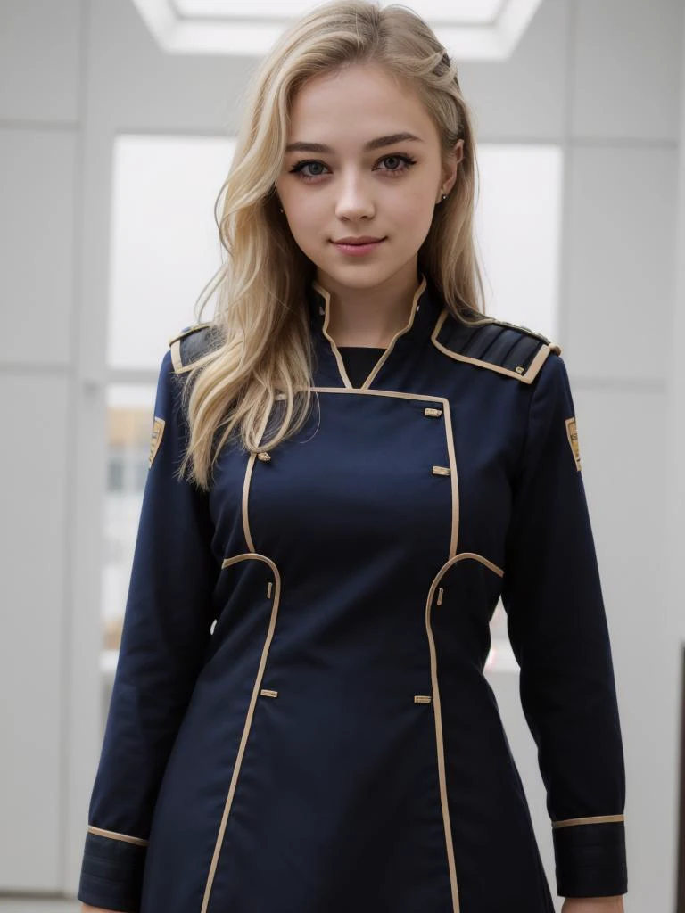 picture of petite18 yo (v4lkyr4e:0.99) as a girlfriend, (extremely detailed CG unity 8k wallpaper), (realistic: 1.3), masterpiece, best quality, clear face, front light, High Detail, Sharp focus, dramatic, (detailed pupils:1.3), ((full shot:1.5)), (eyeliner), ((cateye makeup)), (sexy body), <lora:MyBreastHelperRS:1>, (flat chest:1.0), (side view:0.6), (looking at viewer:1.2), medium full shot,
wearing (blue allianceuniform), short alliance dress, futuristic space station interior, cute face, <lora:allianceuniform:0.5>,
(((light blonde hair))), long hair, wavy hair, (blueeyes), detailed pupils, (shy face), proud and haughty, smilng eyes, narrowed eyes, in love, head tilted to the side, cozy smile, relaxed pose,
