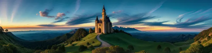 (masterpiece, best quality, detailed:1.5), exceptionally beautiful panoramic landscape with blue and green theme, ivory tower at focus with glowing blue eye at top of tower, twilight, dynamic lighting, (blue moon:0.8)