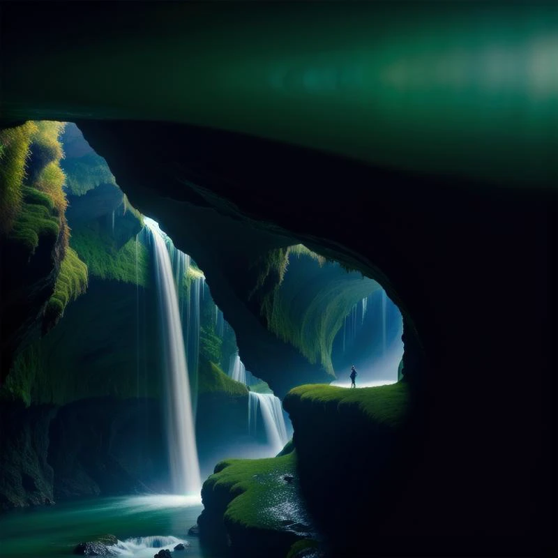 (masterpiece, best quality, detailed:1.5), no humans, (darkgreen theme:1.2), large (gemstone:1.3) of exquisite beauty, under waterfall in dark cavern, backlighting, sharp focus, depth of field