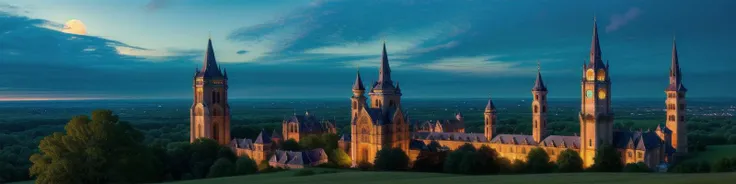 (masterpiece, best quality, detailed:1.5), exceptionally beautiful panoramic landscape with blue and green theme, ivory tower at focus with glowing blue (eye of sauron:1.2) at top of tower, twilight, dynamic lighting, (blue moon:0.8)