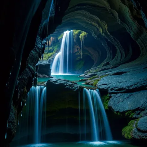(masterpiece, best quality, detailed:1.5), blue theme, darkblue gemstone in waterfall in dark cavern, backlighting