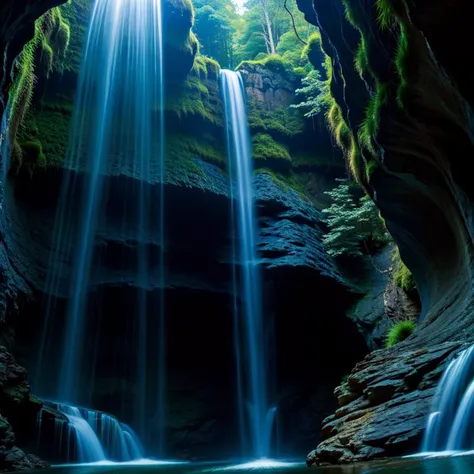 (masterpiece, best quality, detailed:1.5), blue theme, darkblue gemstone in waterfall in dark cavern, backlighting