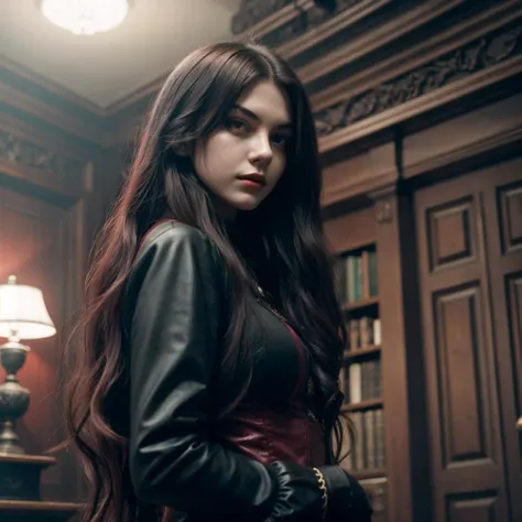 Sprawling mansion, red, hidden rooms with cursed artifacts, channeling dark mystery vampire girl, vibes.