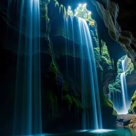 (masterpiece, best quality, detailed:1.5), blue theme, darkblue gemstone in waterfall in dark cavern, backlighting