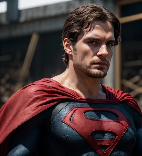 Henry cavill superhero, cape long red, upper body,cinematic, movie, grain movie (2023s), building destroyed , realistic , (8k, RAW photo, best quality, masterpiece:1.2), (realistic, photo-realistic:1.33), best quality, detailed eyes blue, cute,natural lighting, depth of field, film grain, wrinkled skin, sharp,