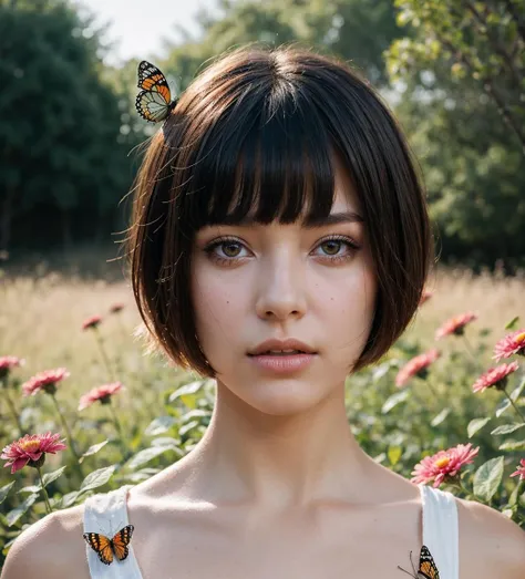 face beauty, (masterpiece), science fiction, scenery, 1girl, short hair, bangs, butterfly, flowers with realistic motion effect light effect, photo, 8