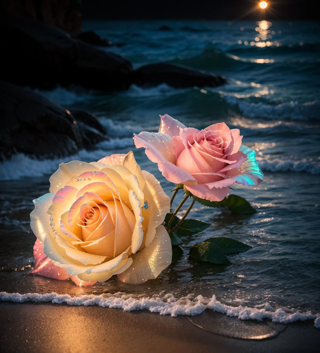 gorgeous beach, fantasy inside, roses, steam, sunrays, masterpiece, best quality, ultra high res, RAW, beautiful beach view, Mirleft, splashing rainbows, waves crashing, sand, foam, opalescent, (Photoluminescence water), bioluminescence, opal gems, agates, ((floating flowers)), clear, Cinematic RAW photo, hyper real photo, ultrarealistic, 8k uhd, dslr, soft lighting, high quality, film grain, Fujifilm XT3, photographed on a Kodak Retina II Sanyo Xacti VPC-CA6, 50mm lens, Wide Angle, HDR, hyper-realistic, colorgraded, volumetric lighting, [volumetric fog, moist], shallow depth of field, reflections, photo, (sparkling), glistening, (iridescent), glimmering, clear, shimmering, mystical, enchanting, glittering, Morocco, exotic, (masterpiece) (best quality) (detailed) (8k) (HDR) (wallpaper) (cinematic lighting) (sharp focus) (intricate), romantic,