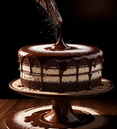 cake, chocolate, liquid splashes, merging, melting, splashing, droplets, mixing, fading away, exploding, swirling, intricate detail, modelshoot style, dreamlikeart, dramatic lighting. 8k, highly detailed, trending artstation