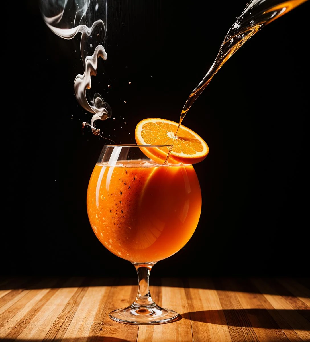 abstract, photorealistic, Food fruit in glass with orange, LIQUID SPLASH, 3D BEEPLE STYLE, 8 k, 32 k, HDR, realistic, smoke
