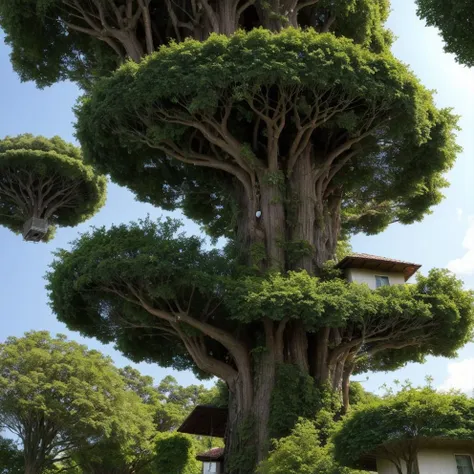 Immense tree city, houses in branches, residents swinging on vines, reminiscent of nature-centric anime.