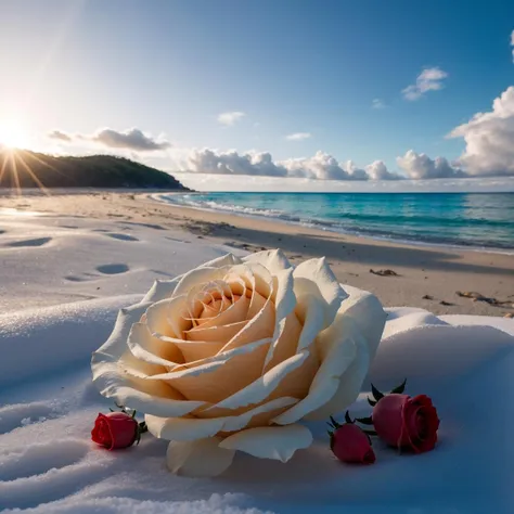 delicate scene,depth of field, 8K, The ivory sky,white clouds,and sunlight shine on the snow-white beach. The coral sea,and many colorful tinny shells on the beach,red roses, roses focus,